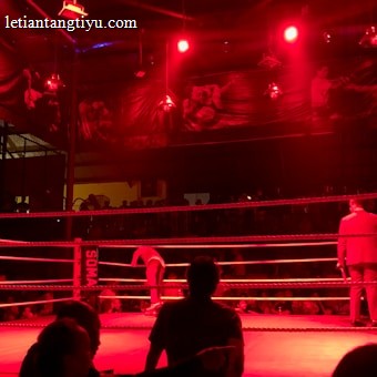 A wrestling ring is illuminated with red lighting, creating a dramatic atmosphere. Several people are visible around the ring, with silhouetted spectators in the foreground. Banners or art adorn the upper walls, and the venue has an industrial ceiling with exposed beams.
